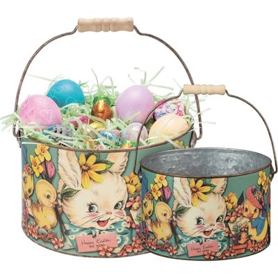Vintage Inspired Decorative Metal Easter Buckets Set of 2