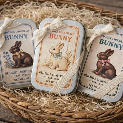 Vintage Inspired Tin With Chocolate Bunny Set of 3