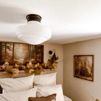Vintage Milk Glass Shade Semi Flush Light Matte Black 16 inch