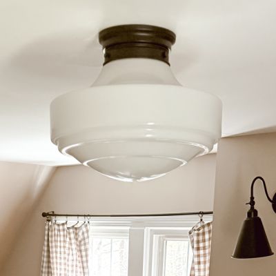 Vintage Milk Glass Shade Semi Flush Light Matte Black 16 inch