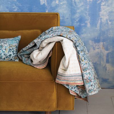 Vintage Print Embroidered Kantha Stitch Throw
