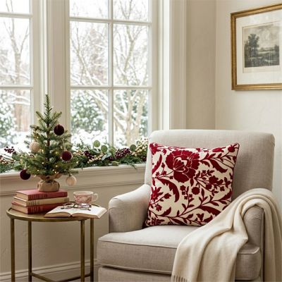 Vintage Red Floral Christmas Throw Pillow