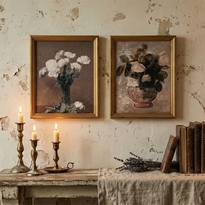 Vintage Reproduction Wood Framed Floral Wall Decor Set of 2