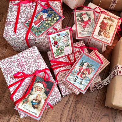 Vintage Santa Metal Postcard Ornament Set of 6