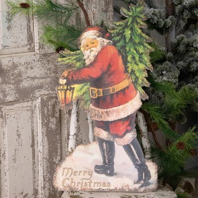Vintage Santa With Tree Wooden Cutout