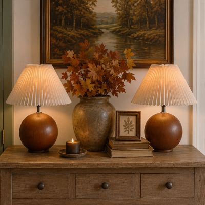 Walnut Sphere Table Lamp Set of 2