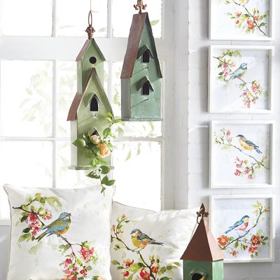 Watercolor Bird Art in Pale Frame Set of 4