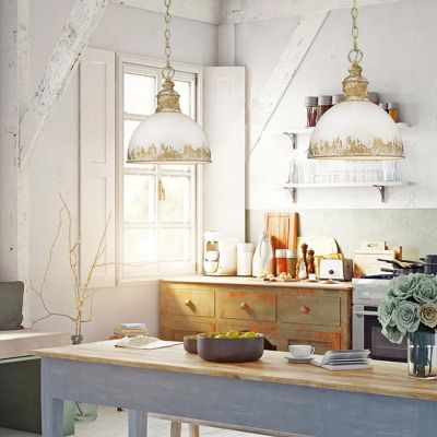 Weathered Ivory and Gold Single Bulb Pendant Light