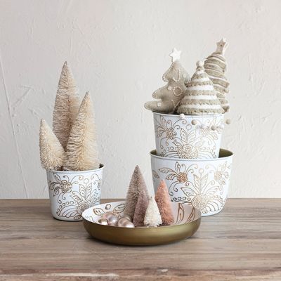 White and Gold Floral Design Metal Planter Set of 3