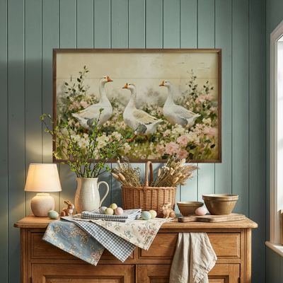 White Geese In Pink And White Flowers Framed Wall Art