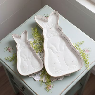 White Metal Decorative Rabbit Trays Set of 2