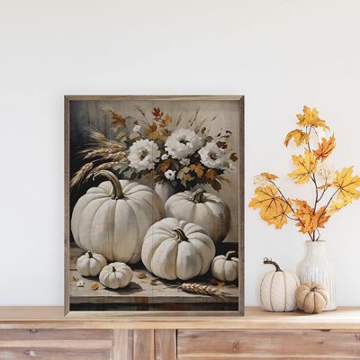 White Pumpkins On Table Framed Wall Decor