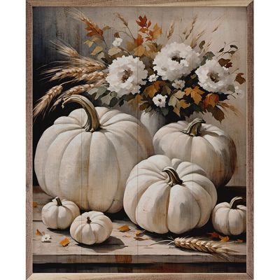 White Pumpkins On Table Framed Wall Decor