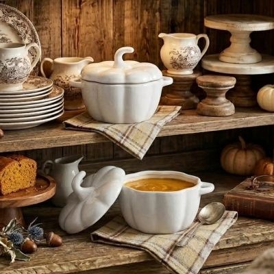 White Stoneware Pumpkin Baker With Handles