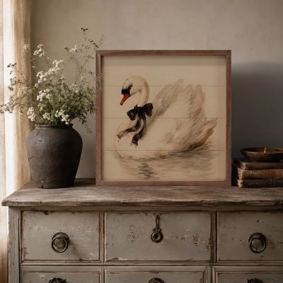 White Swan With Black Ribbon Framed Wall Art
