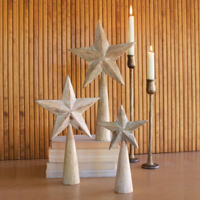 Whitewashed Wood Cone Based Tabletop Stars Set of 3