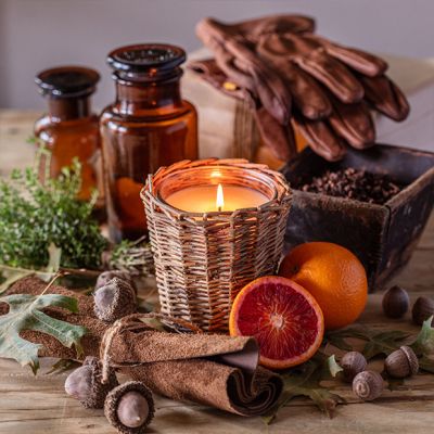 Willow Wrapped Glass Jar Candle Collection Leather and Oak