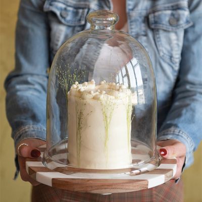 2 Piece Wood and Marble Base Glass Top Cloche