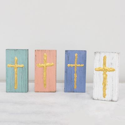 Wood Block With Hand Painted Cross Set of 4