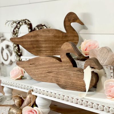 Wood Duck with Frayed Ribbon Shelf Sitter Set of 3