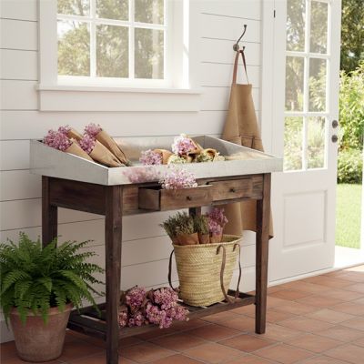 Wood Potting Table With Galvanized Top