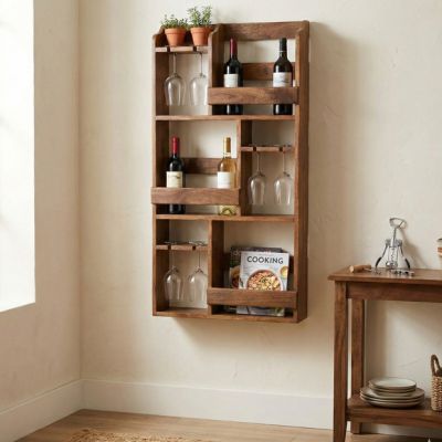 Wood Wall Wine Rack with Glass Holders and Shelves