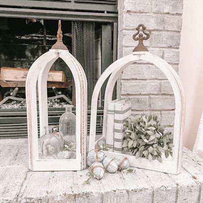 Wood Whitewashed Candle Lantern With Finial
