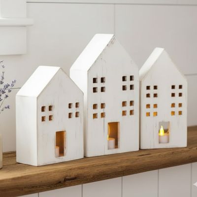 Wooden House Shaped Candle Holder Set of 3