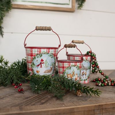 Woodland Scenes Plaid Christmas Bucket Set of 3