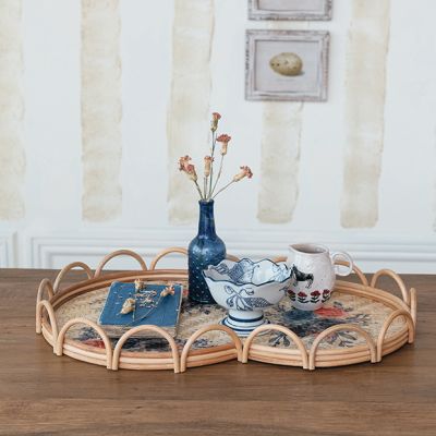 Woven Florals Scalloped Rattan Tray