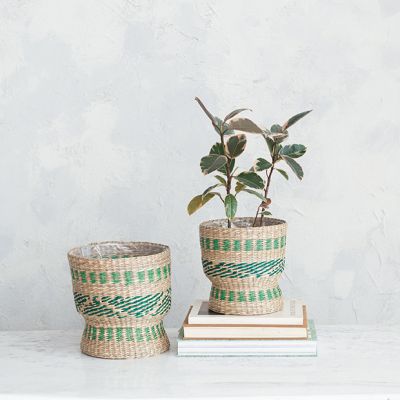 Woven Green and Natural Seagrass Basket Set of 2
