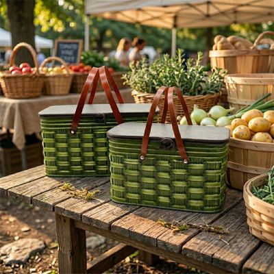 Woven Metal Farmhouse Picnic Basket Set of 2