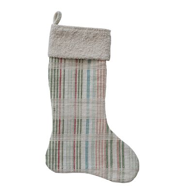 Woven Multicolor Plaid Stocking with Sherpa Cuff
