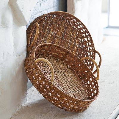 Woven Rattan Round Handled Tray Set of 2
