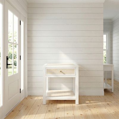 Woven Rattan White End Table With Drawer
