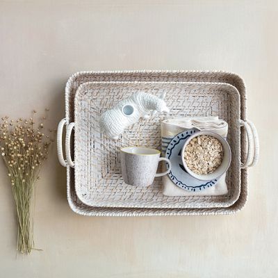 Woven White Bamboo Tray With Handles Set of 2