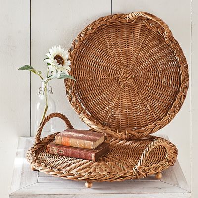 Woven Wicker Decorative Tray With Handles Set of 2