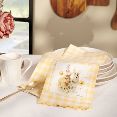 Yellow Gingham Flower Bunnies Kitchen Towel Set of 2