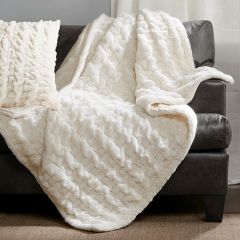 Ruched Faux Fur Throw Blanket Ivory