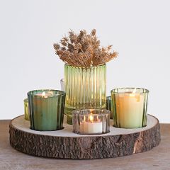 Round Paulownia Wood Tray With Glass Votive Holders Set of 8