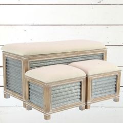 Corrugated Metal and Wood Fabric Top Storage Bench