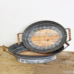 Oval Tin and Wood Tray Set of 2