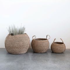Round Seagrass Baskets with Handles Set of 3