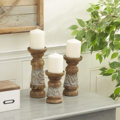 Chic Textured Wood Candle Holders Set of 3