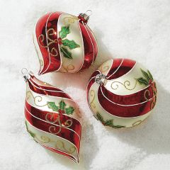 Swirls With Holly Ornaments Set of 3