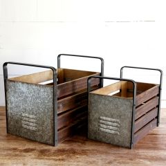 Tall Handle and Metal Side Wooden Milk Crate Set of 2