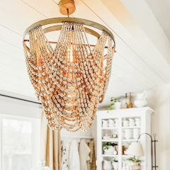 3 Light Metal and White Wood Bead Chandelier