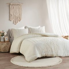 3 Piece Embroidered Geometric White Comforter Set