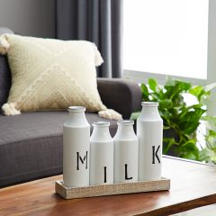 4 MILK Bottles Vases and Wood Tray