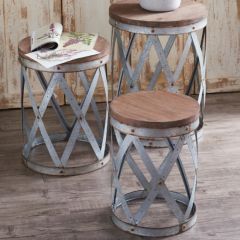 Metal and Wood Barrel Style Accent Tables Set of 3